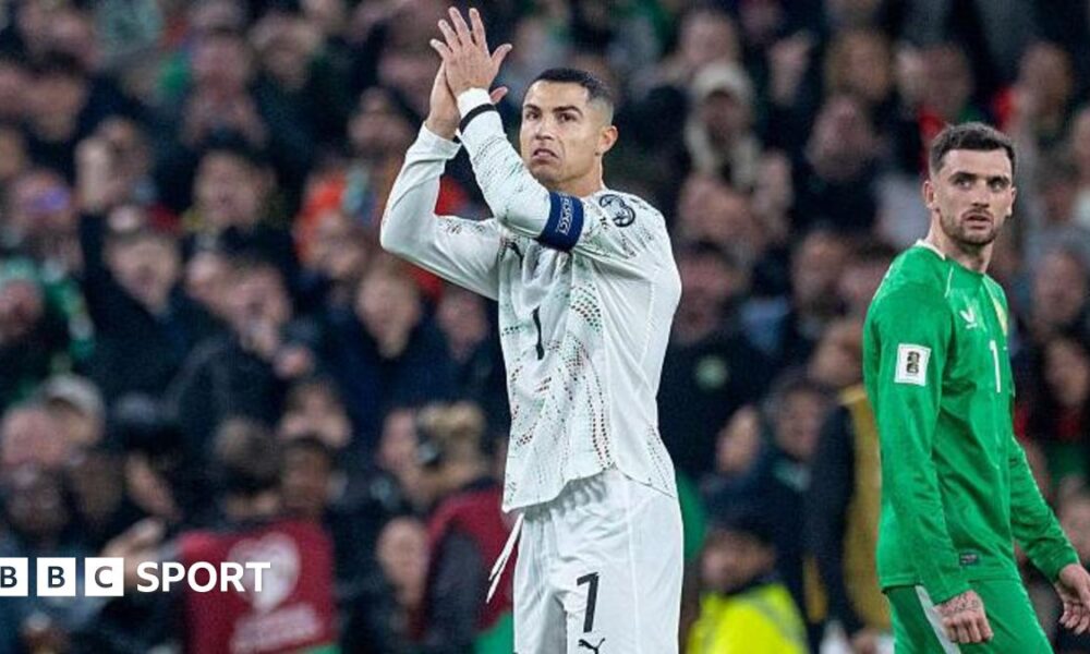 Cristiano Ronaldo of Portugal reacts to the crowd after receiving a red card against Republic of Ireland