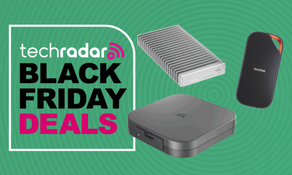 The USB4 SSDs on a green background next to a TechRadar badge reading &#039;Black Friday deals&#039;