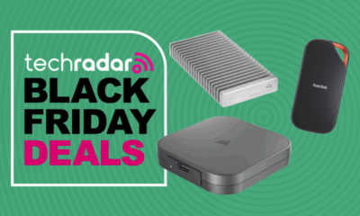 The USB4 SSDs on a green background next to a TechRadar badge reading &#039;Black Friday deals&#039;