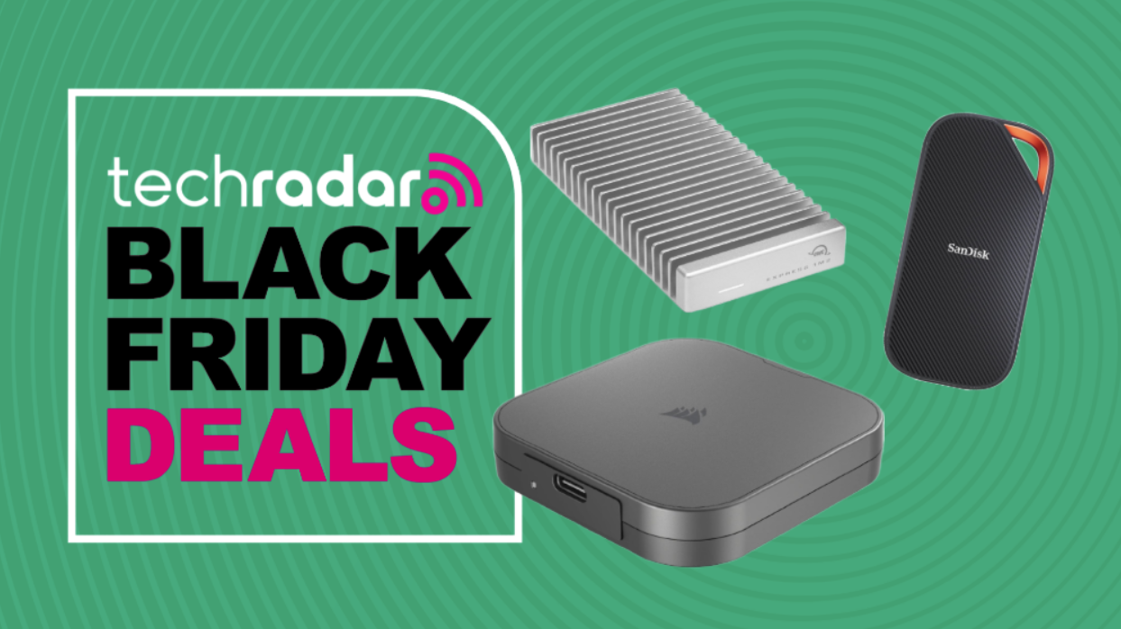 The USB4 SSDs on a green background next to a TechRadar badge reading &#039;Black Friday deals&#039;