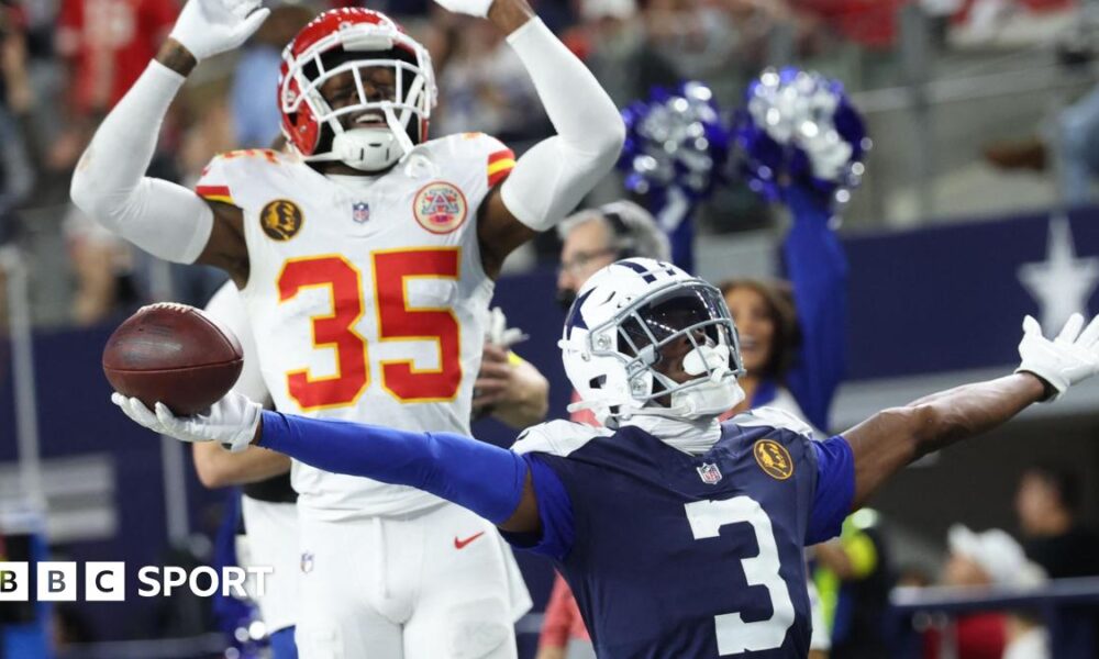 Dallas Cowboys wide receiver George Pickens celebrates after catching a pass for a successful two-point conversion against Kansas City Chiefs