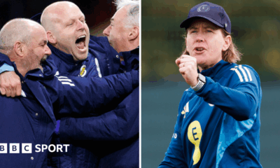 Scotland's Steve Clarke and Steven Naismith celebrate, while Melissa Andreatta urges her players on