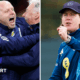 Scotland's Steve Clarke and Steven Naismith celebrate, while Melissa Andreatta urges her players on