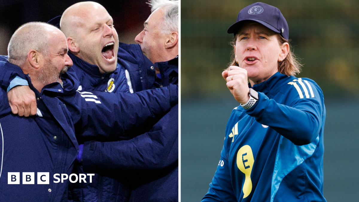 Scotland's Steve Clarke and Steven Naismith celebrate, while Melissa Andreatta urges her players on