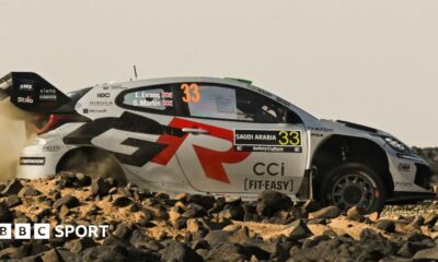 Elfyn Evans Toyota Yaris navigates a rock-lined gravel road at Rally Saudi Arabia