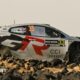 Elfyn Evans Toyota Yaris navigates a rock-lined gravel road at Rally Saudi Arabia