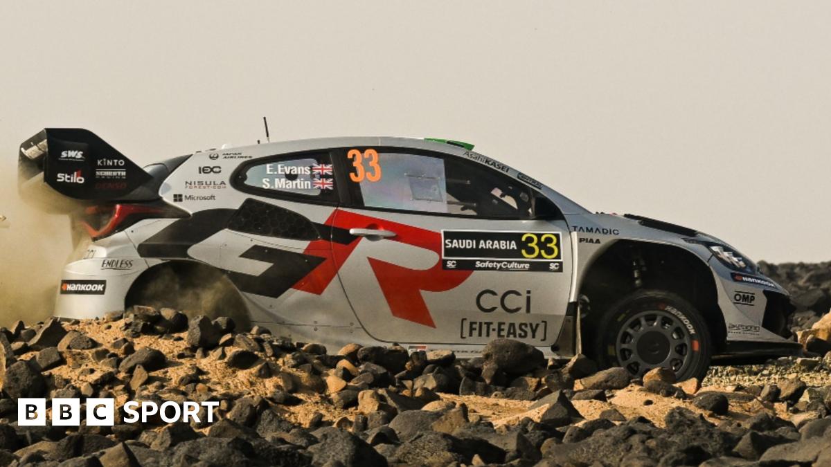 Elfyn Evans Toyota Yaris navigates a rock-lined gravel road at Rally Saudi Arabia