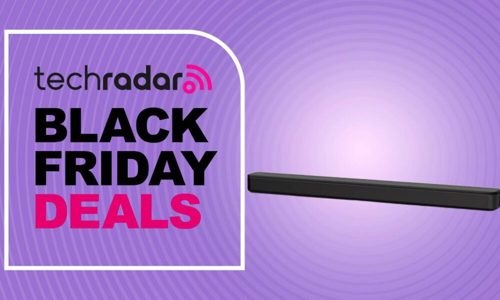 Sony HT-S100F soundbar on purple background with words &#039;TechRadar: Black Friday deals&#039;