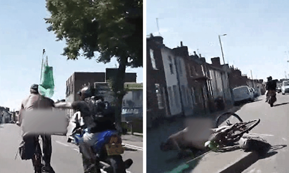 Naked Cyclist Crashes After Shove From Man on Motorcycle, on Video