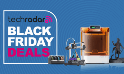 An Anycubic and Creality 3D printer on a blue background next to a TechRadar badge reading &#039;Black Friday deals&#039;