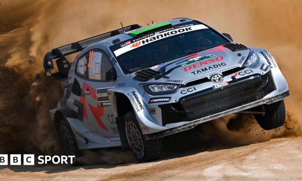 Elfyn Evans drives his Toyota Yaris through sand at Rally Saudi Arabia