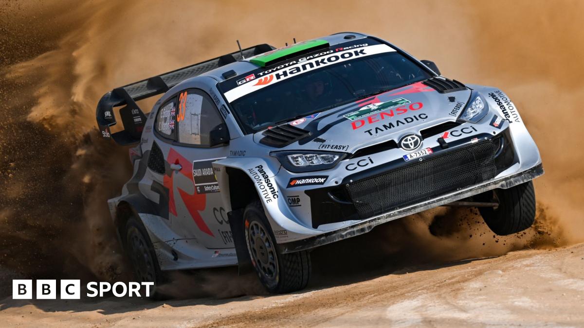 Elfyn Evans drives his Toyota Yaris through sand at Rally Saudi Arabia