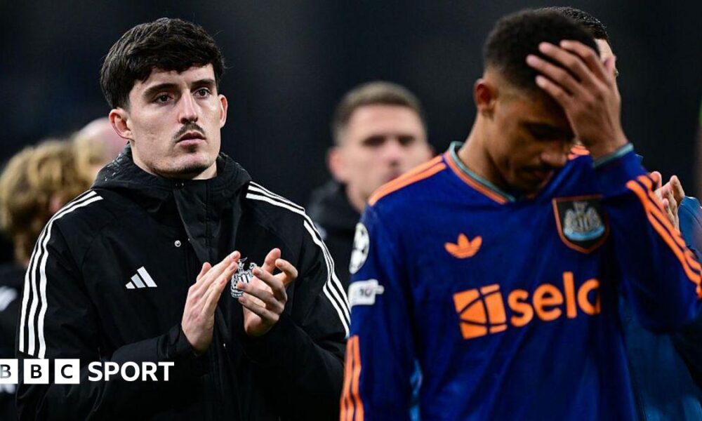 Tino Livramento and Malick Thiaw react after Newcastle United's defeat against Marseille in the Champions League on 25 November, 2025