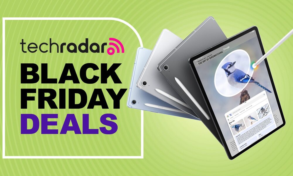 Samsung Galaxy Tab S10 FE in 4 colors in a fan arrayed on top of a green TechRadar Black Friday Deals banner. A Samsung S Pen stylus is circling a Blue Jay on the display on the front tablet, while we see the back of the other 3 tablets with the S Pen magnetically attached. The tablets are blue, grey, silver, and black color