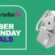 Sharge 3-in-1 retractable power bank with USB-C cord very slightly extended on a green TechRadar Cyber Monday Deals background