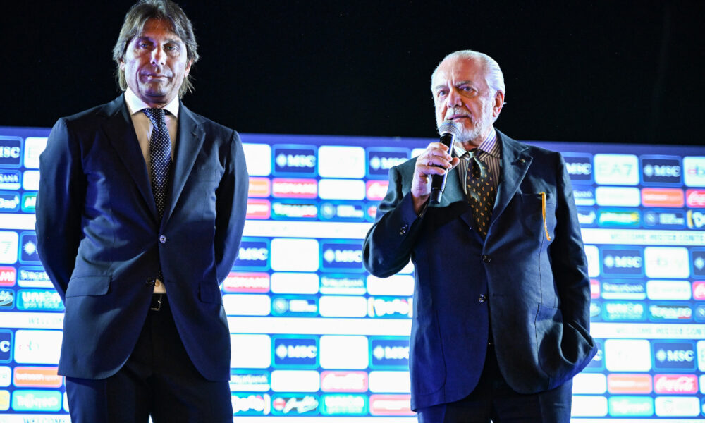 NAPLES, ITALY - JUNE 26: Antonio Conte new SSC Napoli head coach and Aurelio De Laurentiis SSC Napoli president during SSC Napoli new manager unveiling on June 26, 2024 in Naples, Italy. (Photo by Francesco Pecoraro/Getty Images)