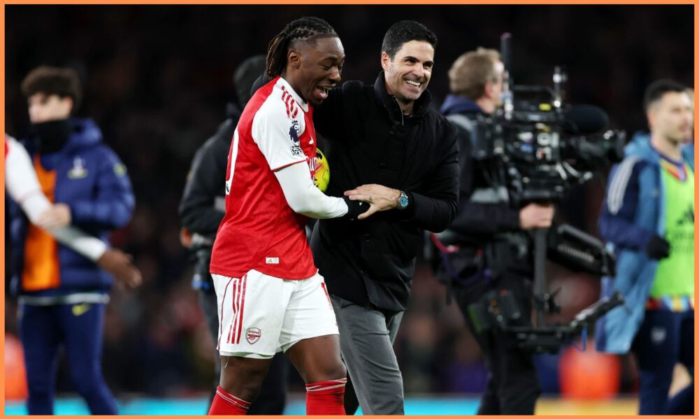 Mikel Arteta celebrates with Eberechi Eze after Arsenal