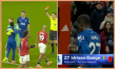 Idrissa Gueye receives a red card for Everton against Manchester United