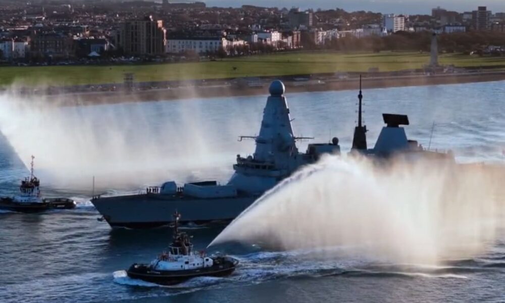 Moment HMS Dauntless is welcomed home to Portsmouth by cheering loved ones after eight-month deployment