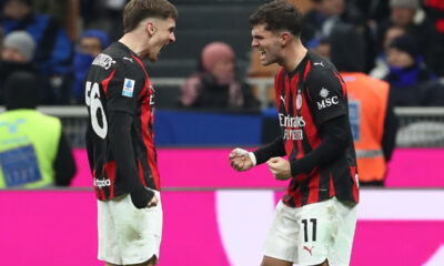 MILAN, ITALY - NOVEMBER 23: Christian Pulisic of AC Milan celebrates with his team-mate Alexis Saelemaekers after scoring their team