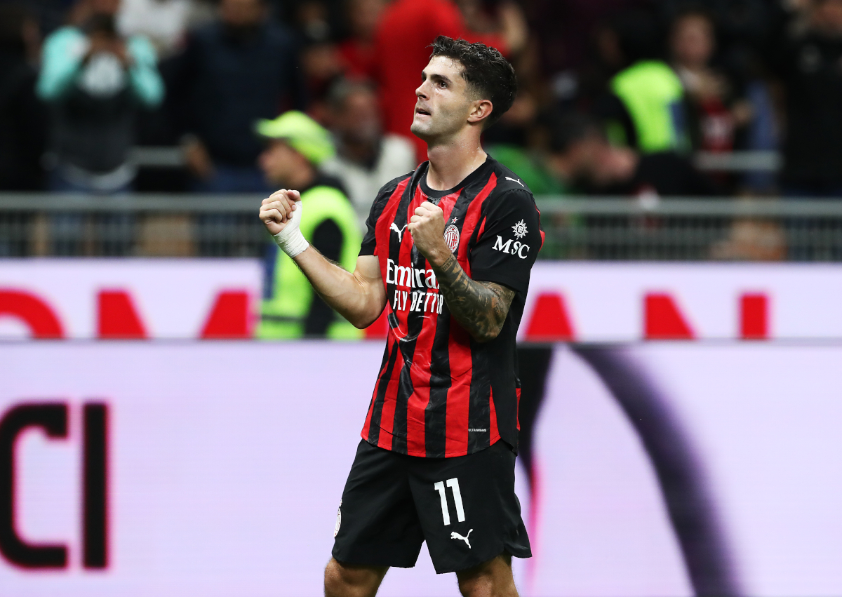 MILAN, ITALY - SEPTEMBER 28: Christian Pulisic of AC Milan celebrates after scoring a goal during the Serie A match between AC Milan and SSC Napoli at Giuseppe Meazza Stadium on September 28, 2025 in Milan, Italy. (Photo by Marco Luzzani/Getty Images)