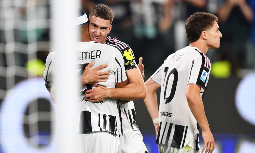 TURIN, ITALY - AUGUST 24: Dusan Vlahovic of Juventus celebrates scoring his team