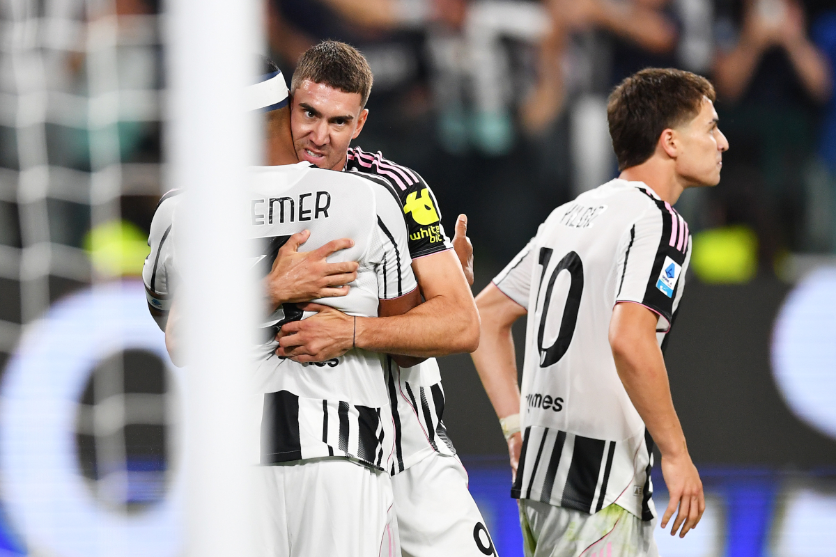 TURIN, ITALY - AUGUST 24: Dusan Vlahovic of Juventus celebrates scoring his team