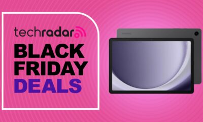 The Samsung Galaxy Tab A9 Plus on a Pink background. Text reads: TechRadar Black Friday Deals