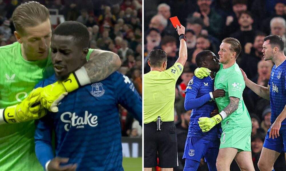 Split image of Idrissa Gueye being held back by Jordan Pickford and Gueye being shown a red card
