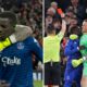 Split image of Idrissa Gueye being held back by Jordan Pickford and Gueye being shown a red card