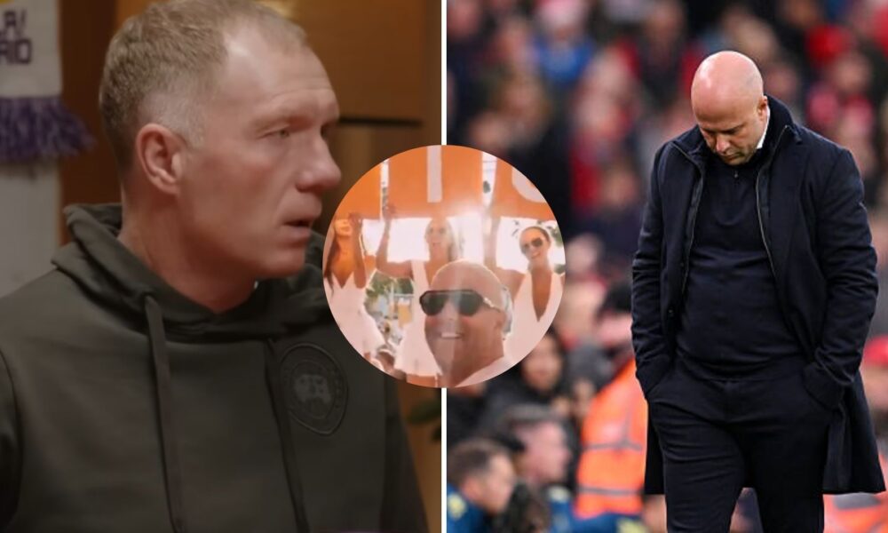 Split image of Paul Scholes and Liverpool manager Arne Slot with overlay of Slot partying in Ibiza last season