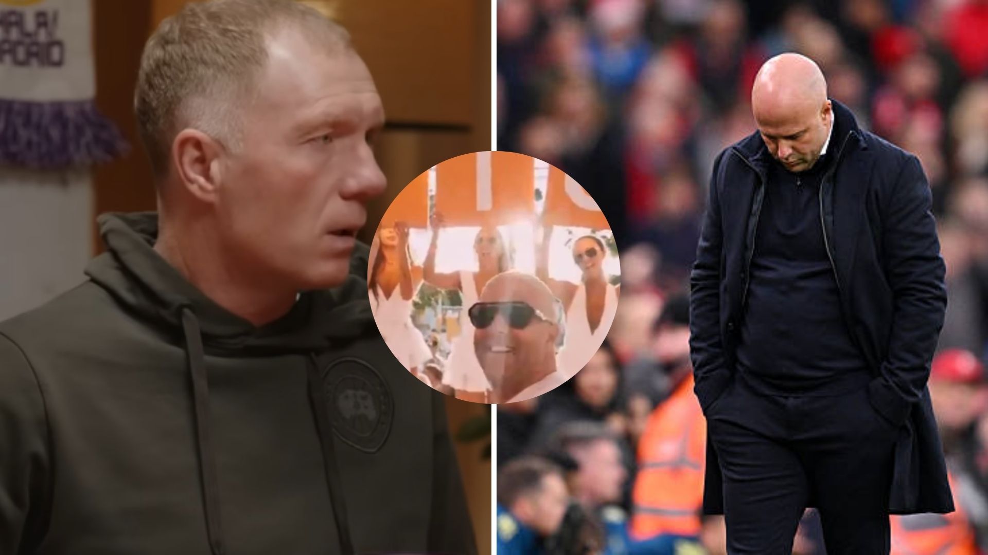 Split image of Paul Scholes and Liverpool manager Arne Slot with overlay of Slot partying in Ibiza last season
