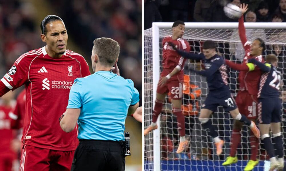 Van Dijk protesting against the referee and Van Dijk handling the ball