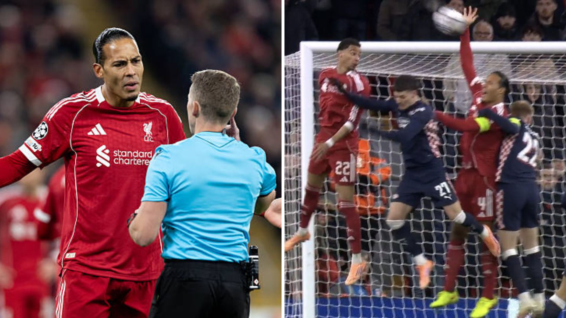 Van Dijk protesting against the referee and Van Dijk handling the ball