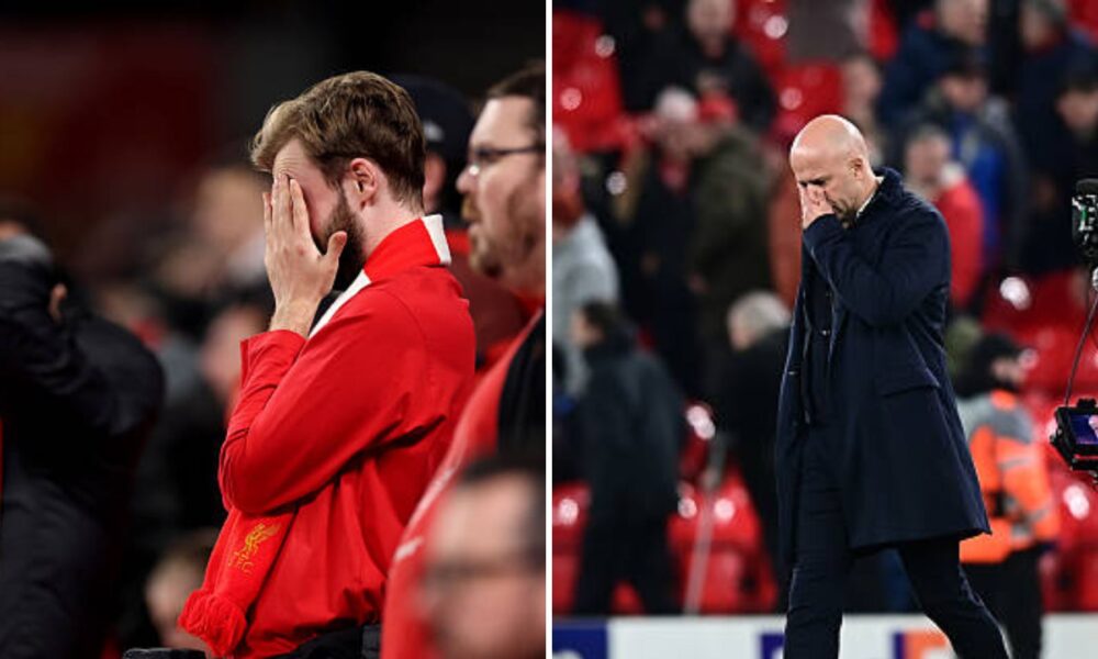 Split image of Liverpool fan upset and Arne Slot distraught