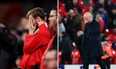 Split image of Liverpool fan upset and Arne Slot distraught