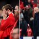 Split image of Liverpool fan upset and Arne Slot distraught