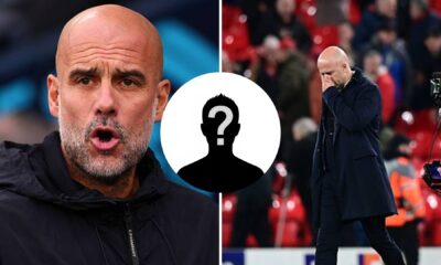 Split image of Pep Guardiola and Arne Slot with overlay of mystery player