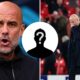 Split image of Pep Guardiola and Arne Slot with overlay of mystery player