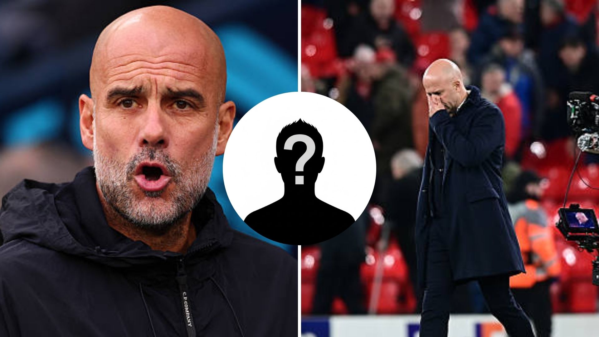 Split image of Pep Guardiola and Arne Slot with overlay of mystery player