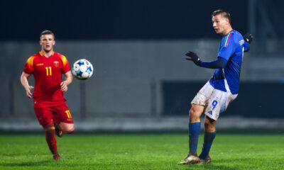 Francesco Camarda scores for Italy against Montenegro in the U21 European qualifier (@azzurri)