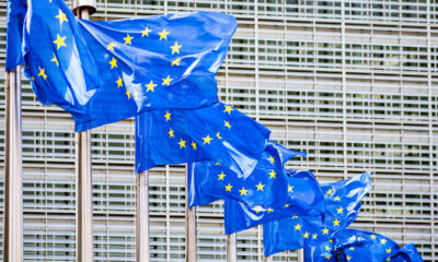 European Union flags flutter in the wind
