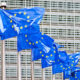 European Union flags flutter in the wind