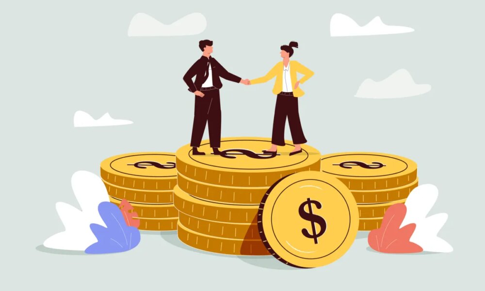acquisition, startups, valuation. illustration shows two people standing on a stack of coins.