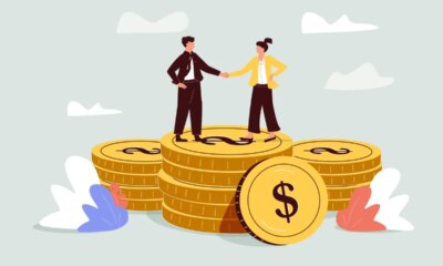 acquisition, startups, valuation. illustration shows two people standing on a stack of coins.