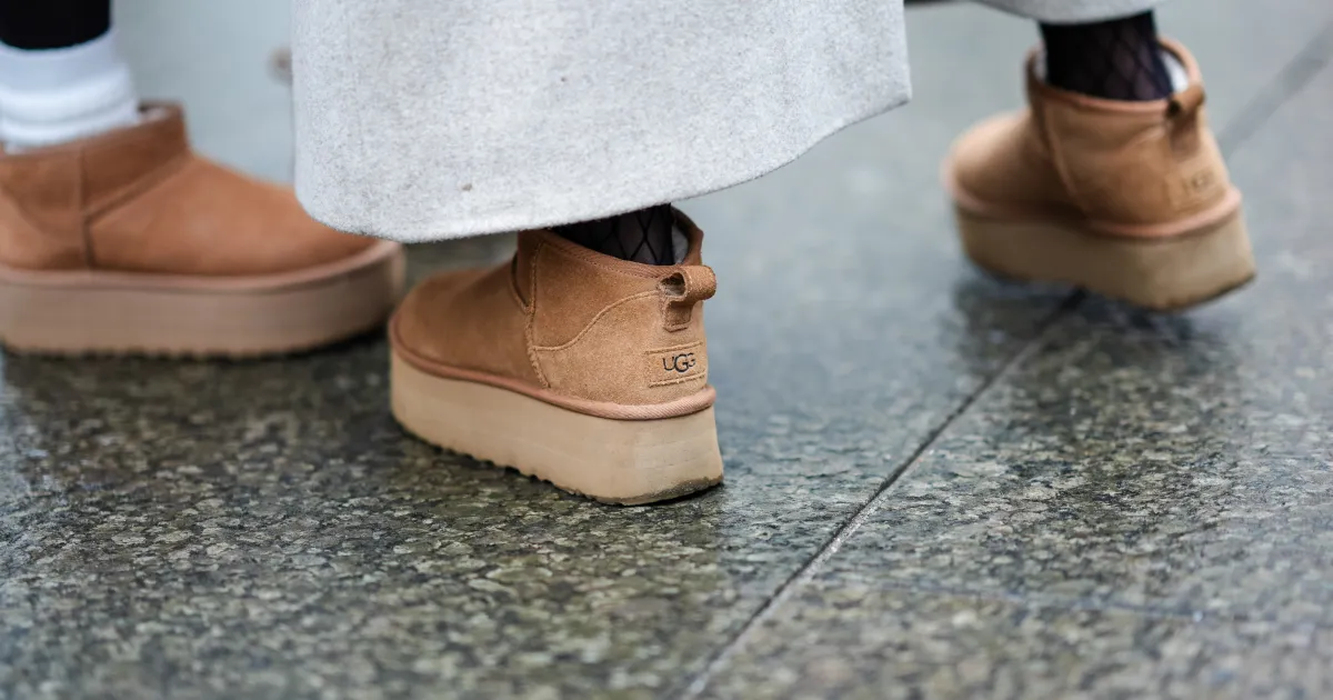 Close-up detail view of brown suede UGG shoes, outside Aeron, during the Copenhagen Fashion Week AW24 on January 30, 2024 in Copenhagen, Denmark.