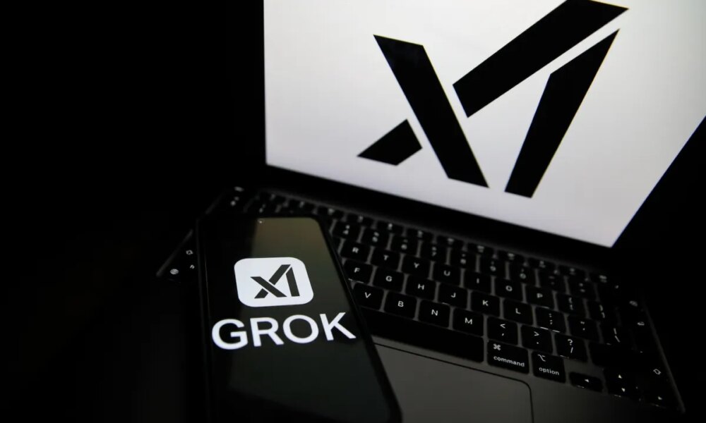 The Grok logo appears on a phone and the xAI logo is displayed on a laptop.