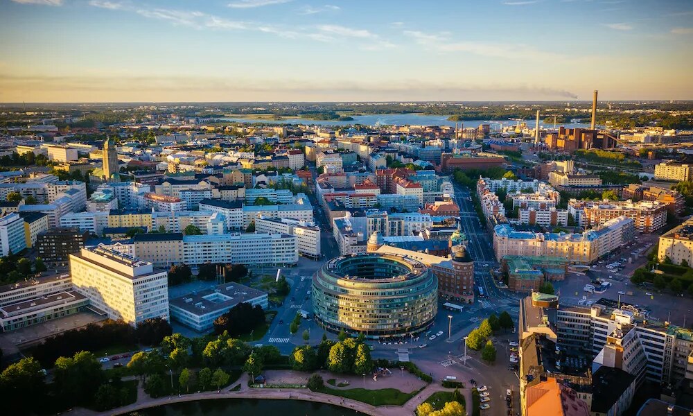 Aerial view to Hakaniemi district in downtown Helsinki by sunset in summer