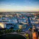 Aerial view to Hakaniemi district in downtown Helsinki by sunset in summer