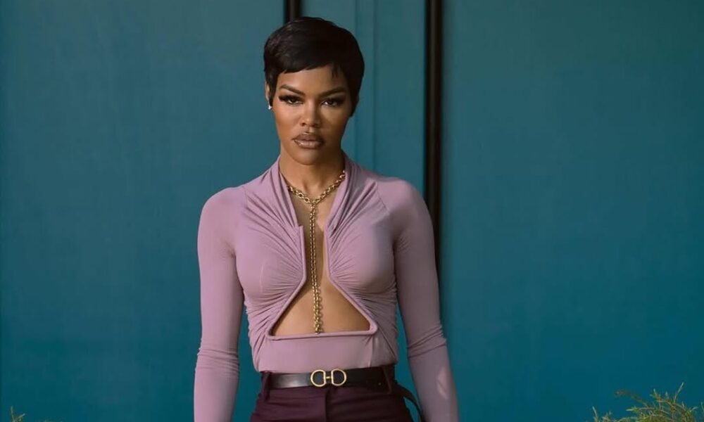 Hulu's All's Fair Fashion : Teyana Taylor in a Blush Rick Owens Cut-Out Top and Plum Victoria Beckham Trousers